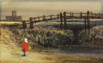 De voetbrug (Landschap met rode mantel)